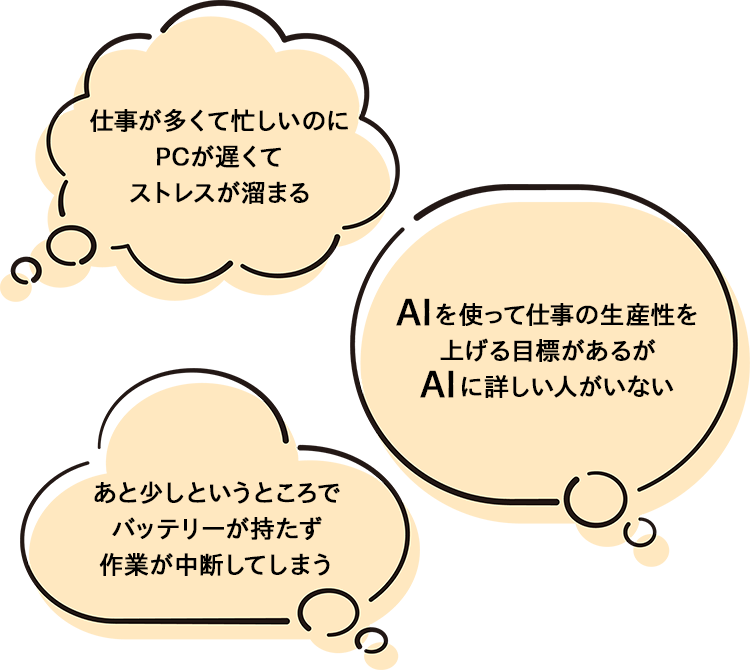 仕事が多くて忙しいのにPCが遅くてストレスが溜まる。あと少しというところでバッテリーが持たず作業が中断してしまう。AIを使って仕事の生産性を上げる目標があるがAIに詳しい人がいない。